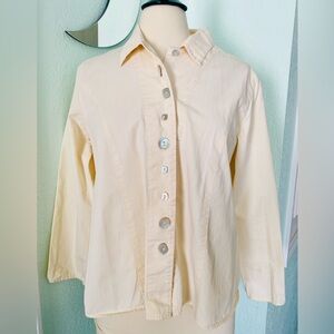 J Jill medium yellow cotton button up long sleeve blouse abalone buttons